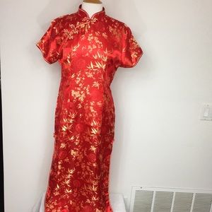 Vintage Traditional Red Floral Silky Asian Cheongsam Dress Size M/L